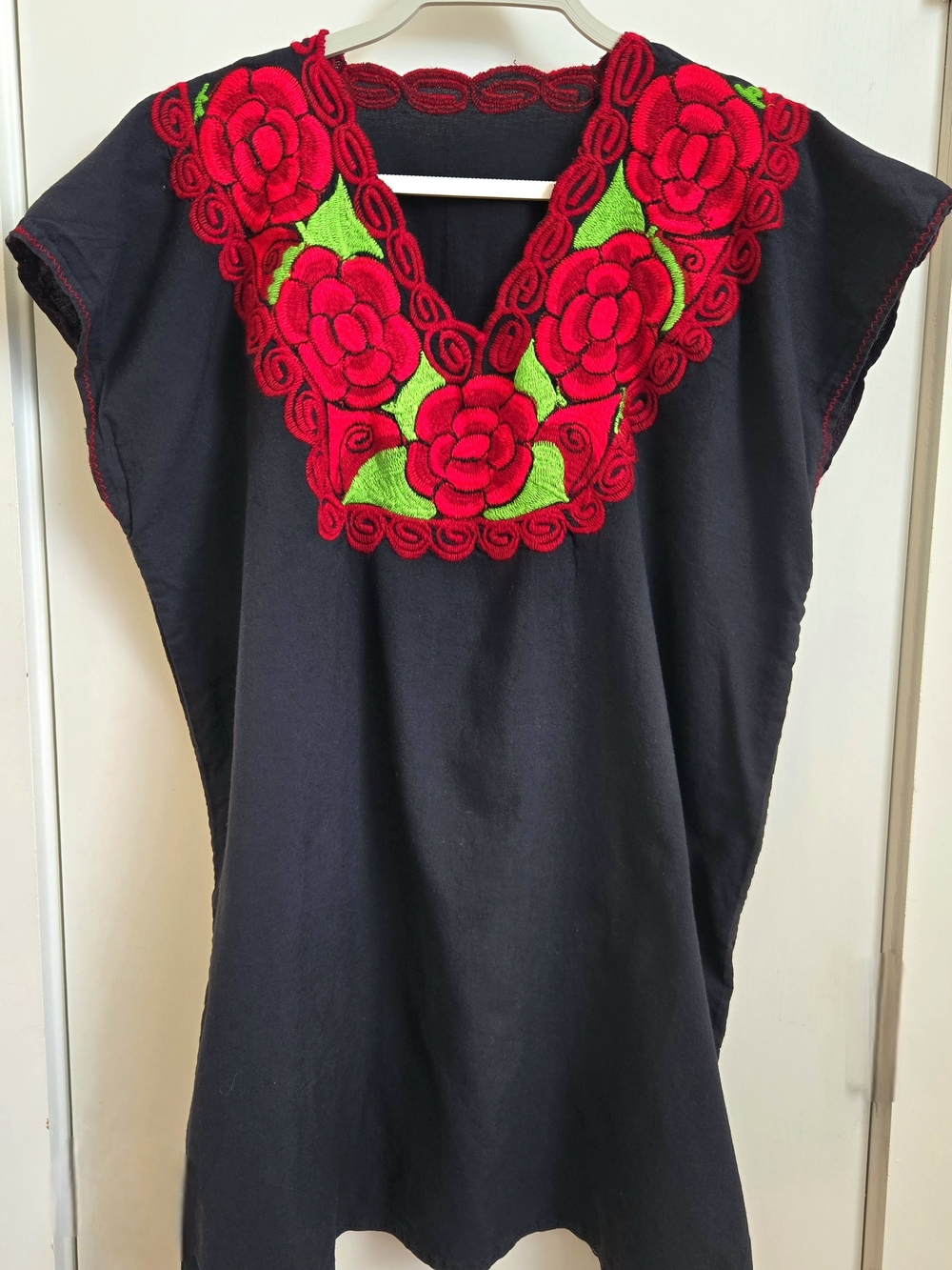 Black Embroidered V-Neck Floral Tunic - Red Rose & Green Accents